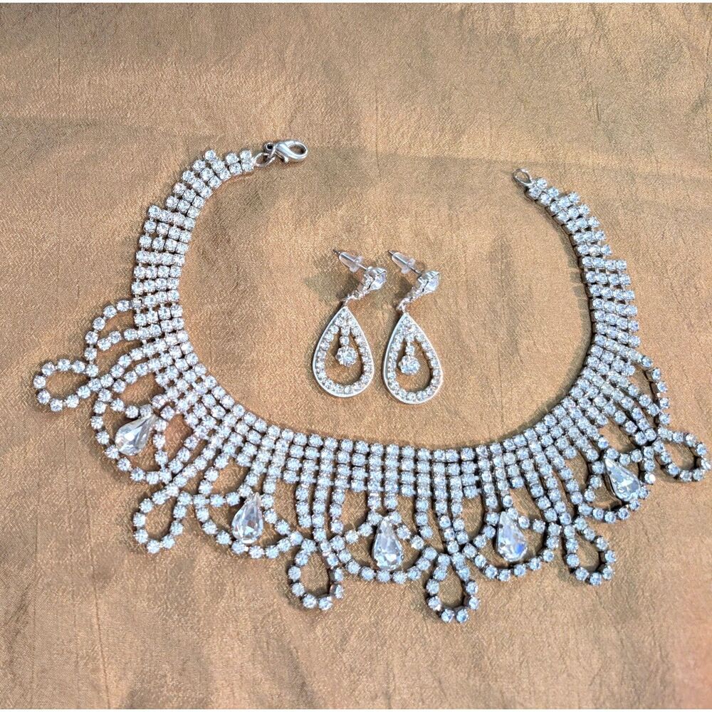 Crystal Rhinestone Bridal Jewelry Set - Collar Necklace, Teardrop Earrings